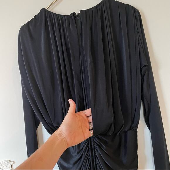 Amazing Vintage Black Ruched Column Draped Deep-V Cocktail Evening Dress - Picture 4 of 13